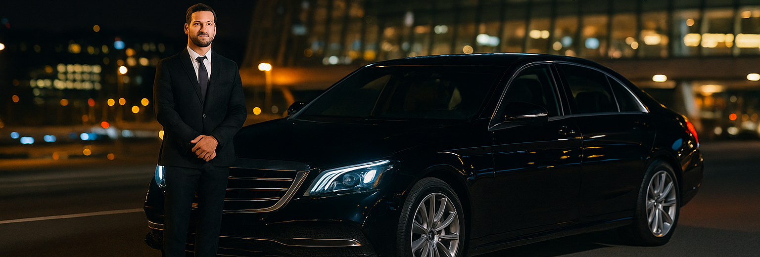 Premium Swiss airport transfer at night with city lights