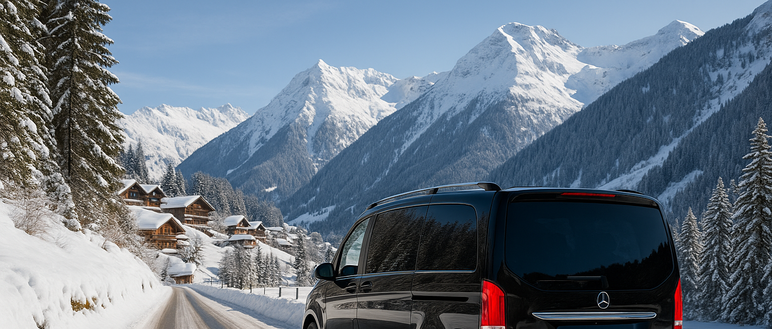 Winter road towards Swiss ski resort with snow and mountains